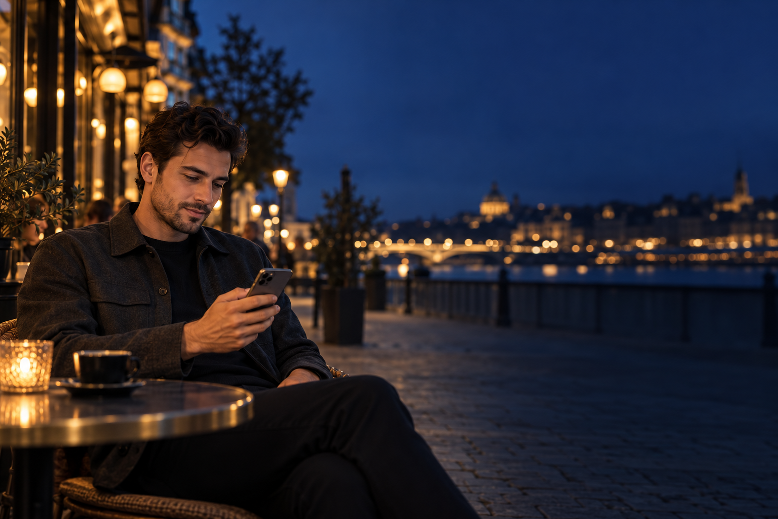 A man directing coding agents from his iPhone at an outdoor café
